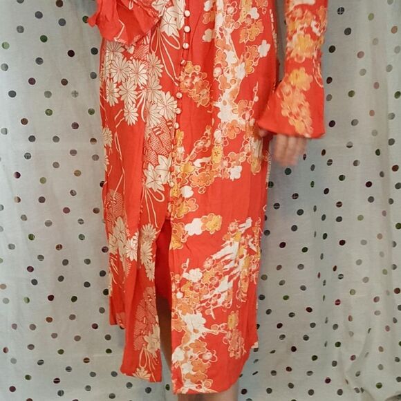 Red and White Floral Long Free People Dress M - Picture 3 of 8